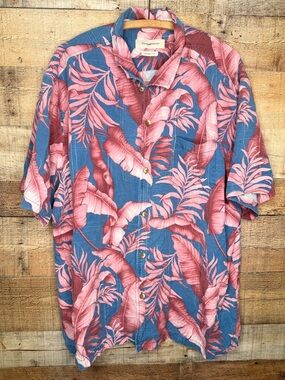 Tommy Bahama Mens collared button down 100% silk Blue Red Hawaiian shirt 3XL